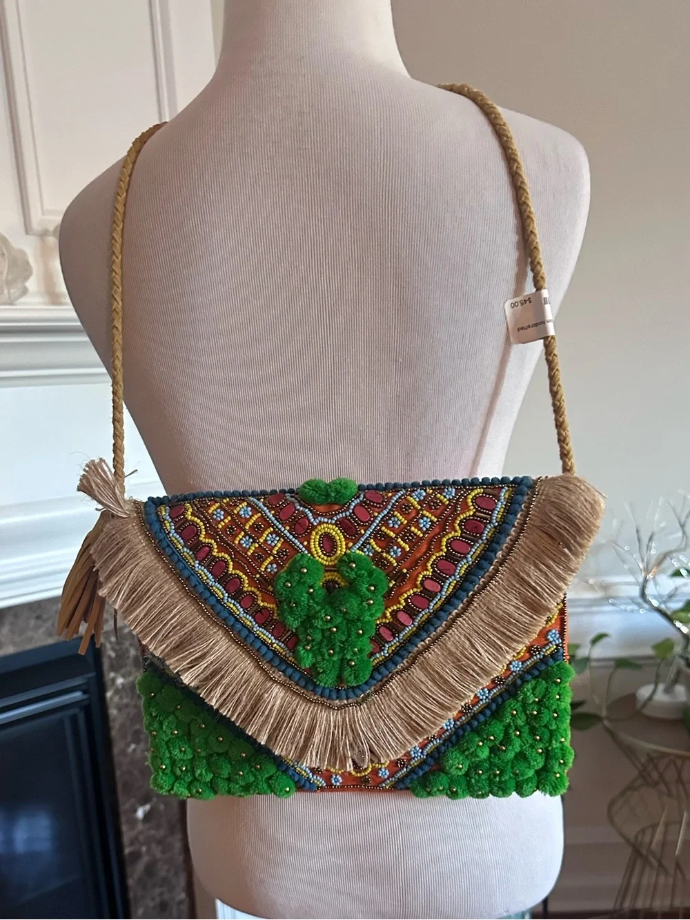 Green Embellished Fringe Crossbody Bag - Boho Statement